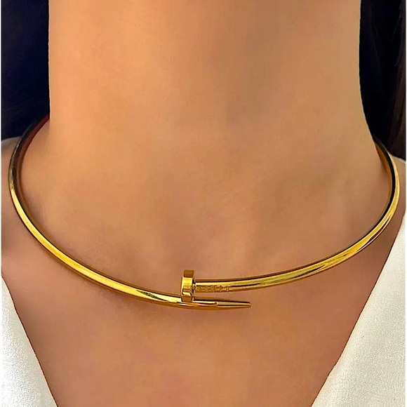 Gold Nail Choker Necklace No Stones - Picture 1 of 9